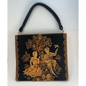 Vintage 60s Tapestry Purse Victorian Courting Scene Black And Gold/yellow